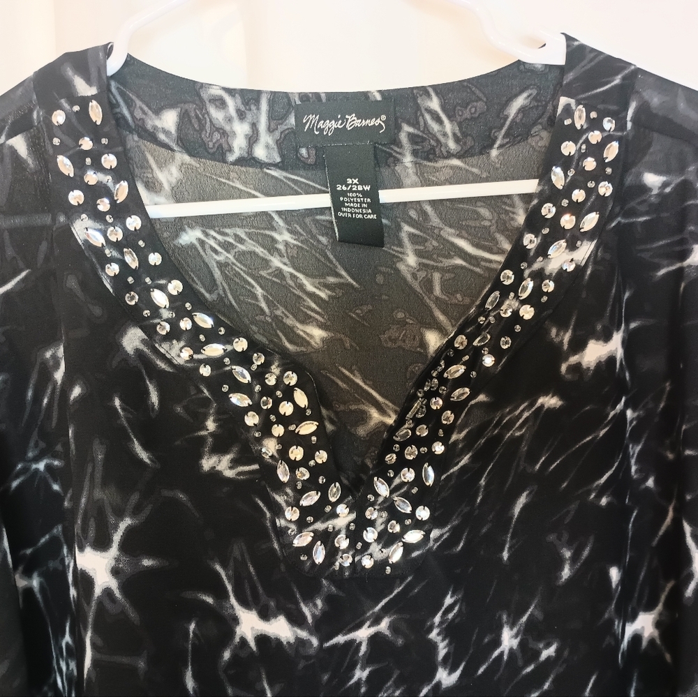 Maggie Barnes 3X Whimsigoth Asymmetric Tunic Top Black White Beaded Semi Sheer - Picture 3 of 9